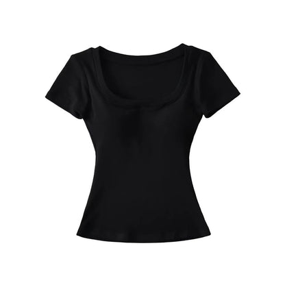 Plain Padded Scoop-Neck Short-Sleeved Cropped T-Shirt