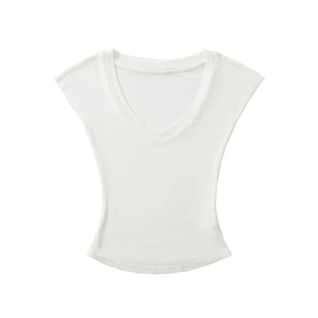 Plain Slim-Fit Cropped V-Neck Cap-Sleeved Tee