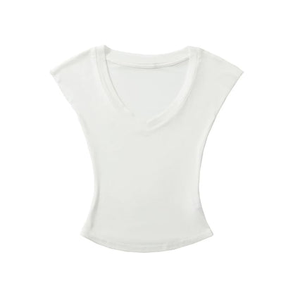 Plain Slim-Fit Cropped V-Neck Cap-Sleeved Tee