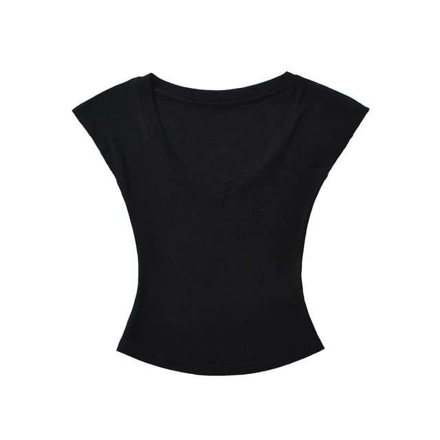 Plain Slim-Fit Cropped V-Neck Cap-Sleeved Tee