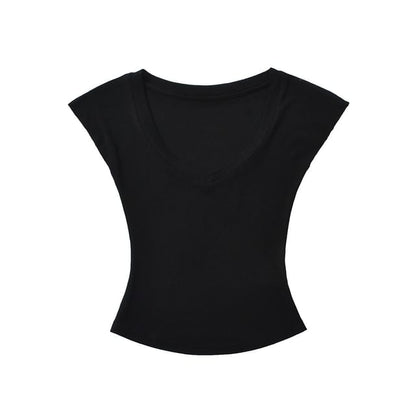 Plain Slim-Fit Cropped V-Neck Cap-Sleeved Tee