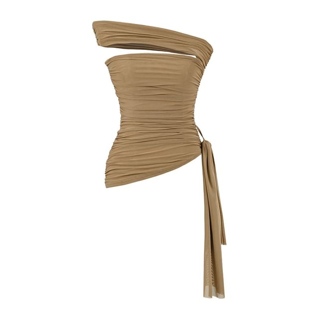 Plain Off-Shoulder Asymmetrical Ruched Mesh Cropped Top