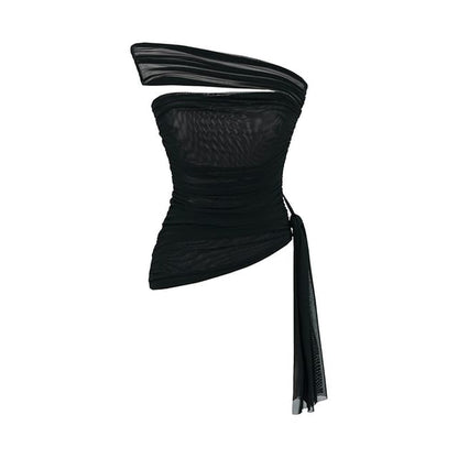 Plain Off-Shoulder Asymmetrical Ruched Mesh Cropped Top
