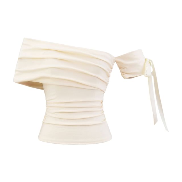 Plain Ruched Off-Shoulder Asymmetric Cropped Mini Top