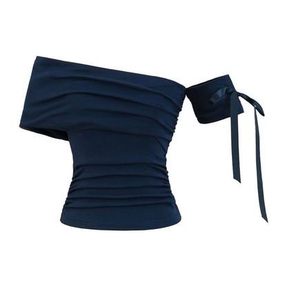 Plain Ruched Off-Shoulder Asymmetric Cropped Mini Top