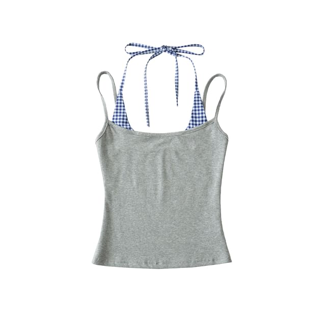 Gingham Panel Mock Two-Piece Halter-Neck Slim-Fit Cropped Top
