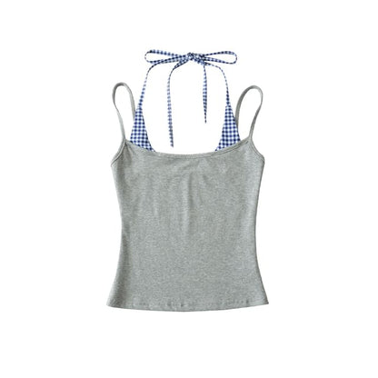 Gingham Panel Mock Two-Piece Halter-Neck Slim-Fit Cropped Top