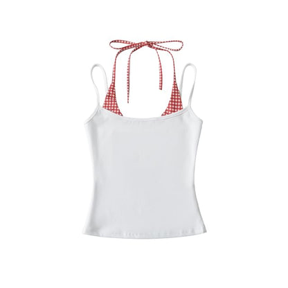 Gingham Panel Mock Two-Piece Halter-Neck Slim-Fit Cropped Top