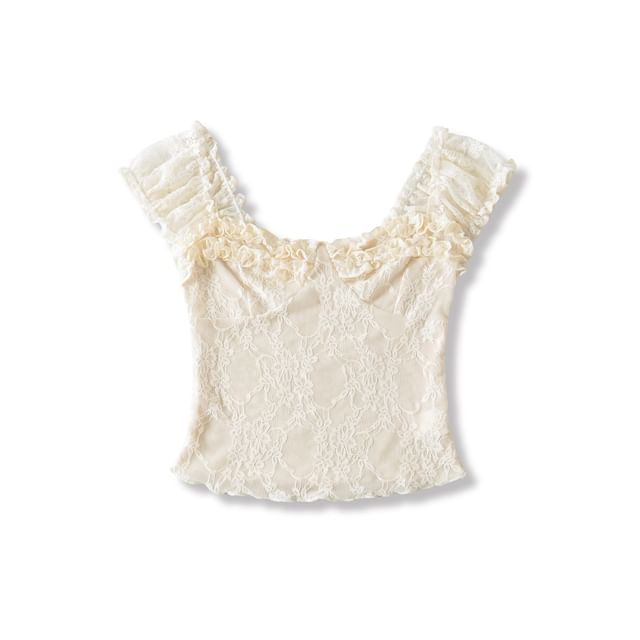 Lace Off-Shoulder Short-Sleeved Frill-Trim Cropped Top