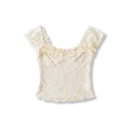 Lace Off-Shoulder Short-Sleeved Frill-Trim Cropped Top