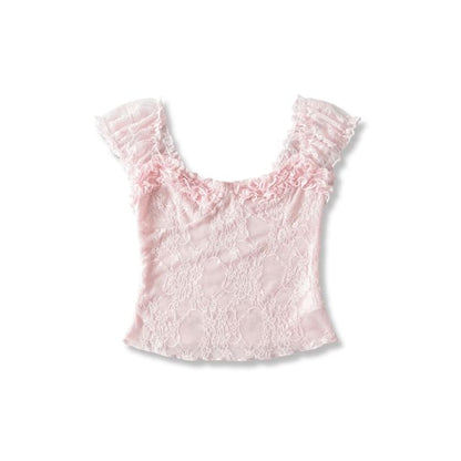 Lace Off-Shoulder Short-Sleeved Frill-Trim Cropped Top