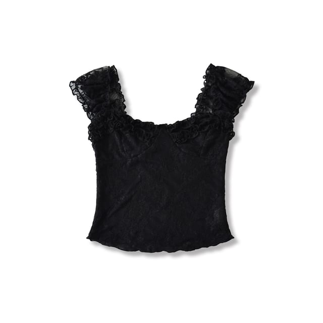 Lace Off-Shoulder Short-Sleeved Frill-Trim Cropped Top
