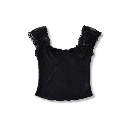 Lace Off-Shoulder Short-Sleeved Frill-Trim Cropped Top
