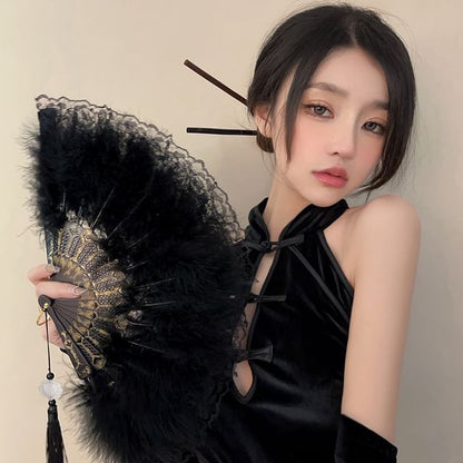 Lace Feather Hand Foldable Fan Tassel