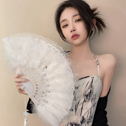 Lace Feather Hand Foldable Fan Tassel