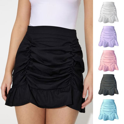 Ruched Mini Pencil Skirt with Ruffle Hem