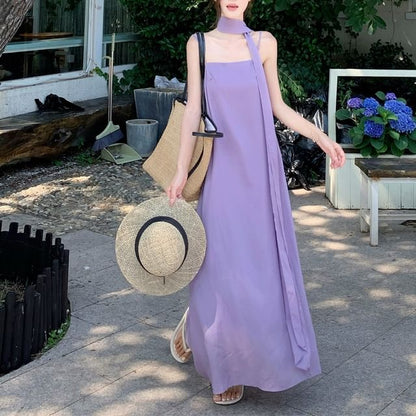 Spaghetti Strap Maxi Tunic Dress with Scarf Set - Altfashion Shop