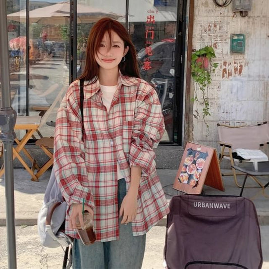 Plaid Collared Long-Sleeved Button-Up Shirt