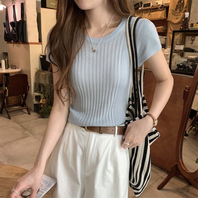Ribbed Knit Plain Crew-Neck Short-Sleeved Top