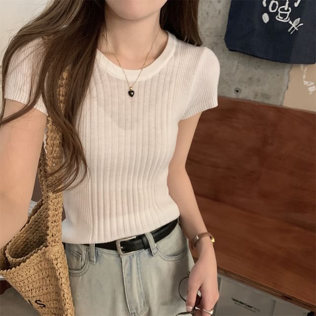 Ribbed Knit Plain Crew-Neck Short-Sleeved Top