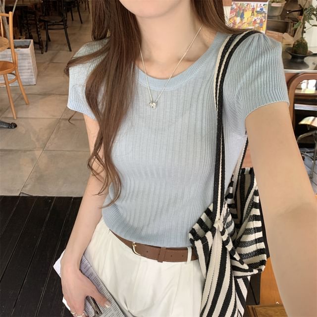 Ribbed Knit Plain Crew-Neck Short-Sleeved Top