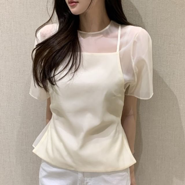 Sheer Plain Crew-Neck Short-Sleeved Top with Square-Neck Cami Set