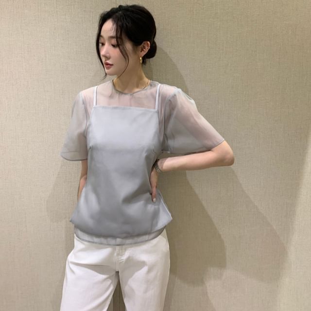 Sheer Plain Crew-Neck Short-Sleeved Top with Square-Neck Cami Set