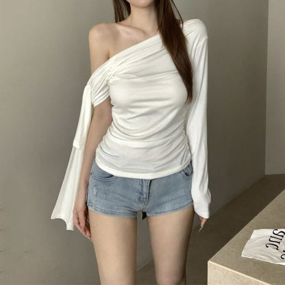 Plain Ruched One-Shoulder Long-Sleeved Top