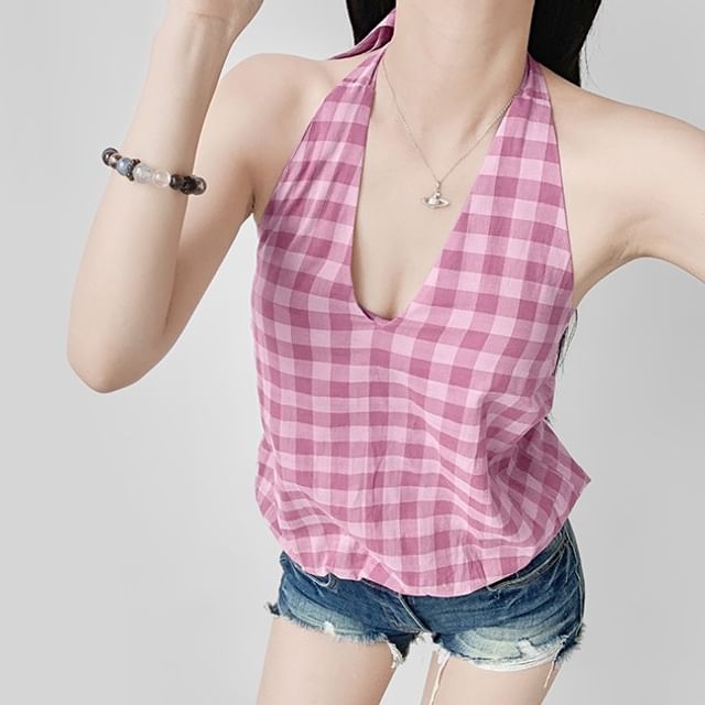Gingham Halter-Neck Open-Back Top