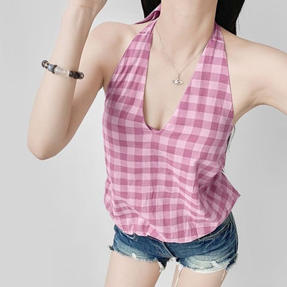 Gingham Halter-Neck Open-Back Top