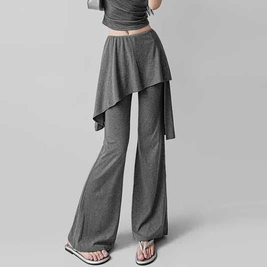 Skirt Overlay Flared Pants with Mid Waist