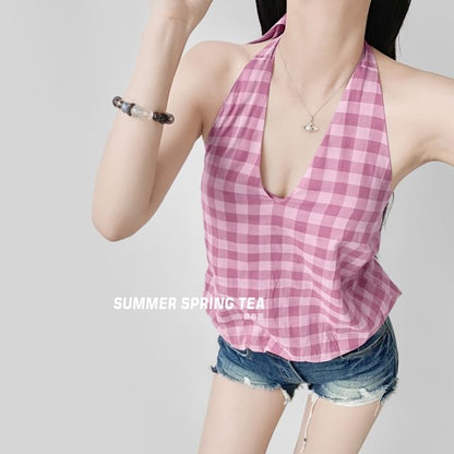 Gingham Halter-Neck Open-Back Top