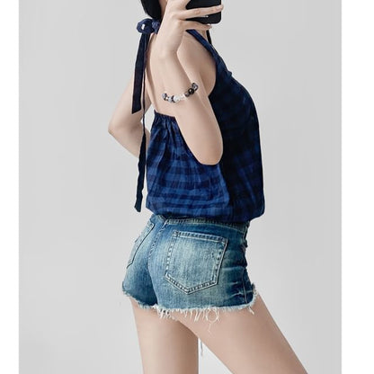 Gingham Halter-Neck Open-Back Top