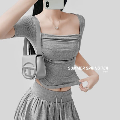 Plain Shirred Square-Neck Short-Sleeved Top