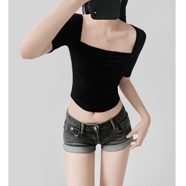 Plain Shirred Square-Neck Short-Sleeved Top