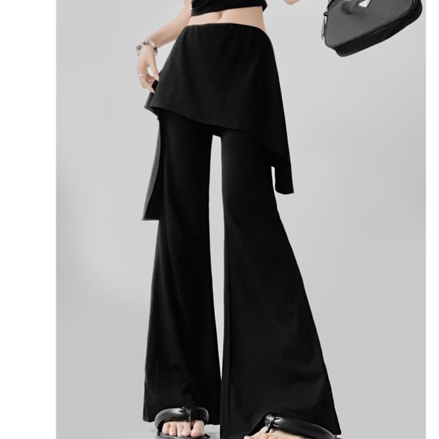 Skirt Overlay Flared Pants with Mid Waist
