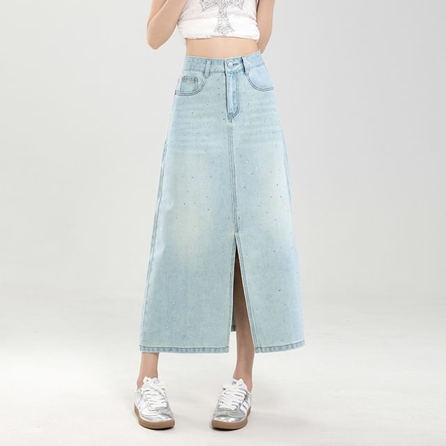 Washed Denim Midi A-Line Skirt