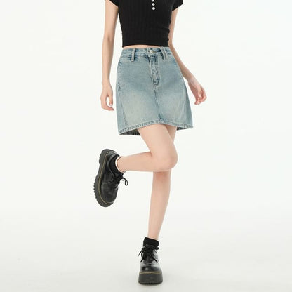 Washed Denim Mini A-Line Skirt