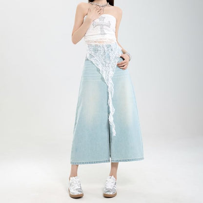 Washed Denim Midi A-Line Skirt