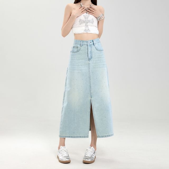 Washed Denim Midi A-Line Skirt