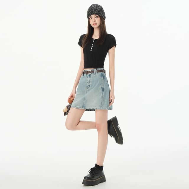Washed Denim Mini A-Line Skirt