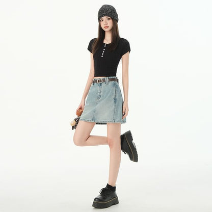 Washed Denim Mini A-Line Skirt