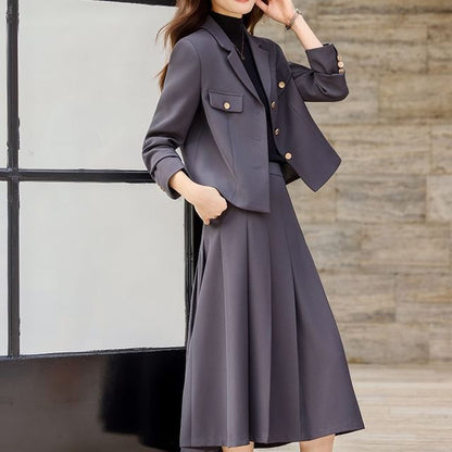 Blazer and Pleated Midi A-Line Skirt Set