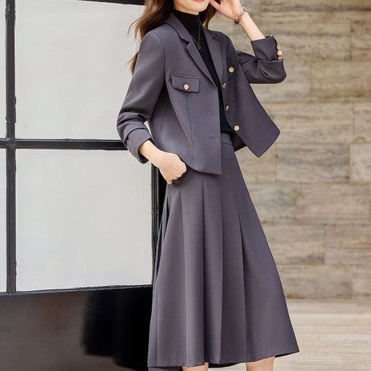 Blazer and Pleated Midi A-Line Skirt Set