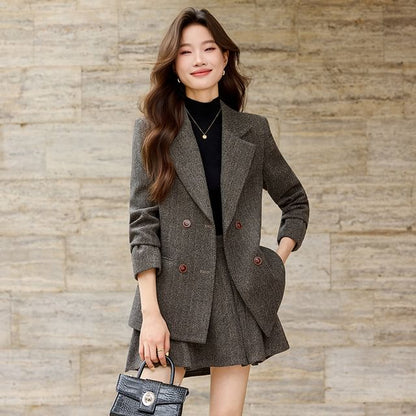 Herringbone Blazer and Pleated Mini Skirt Set