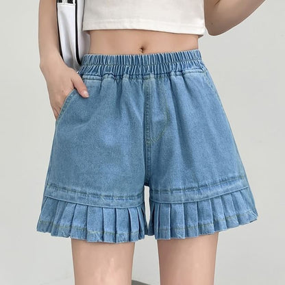 Mid Waist Pleated Denim Shorts