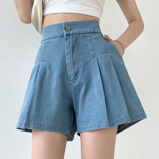 High Waist Pleated Wide Leg Denim Shorts