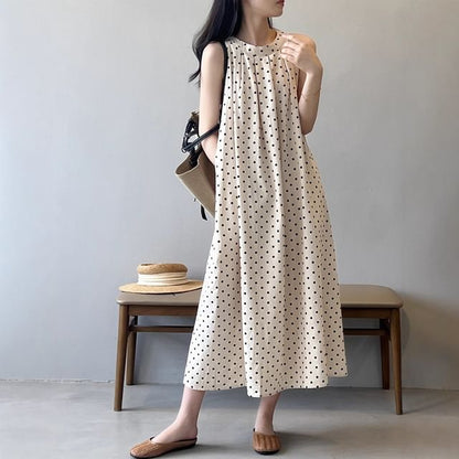 Crewneck Sleeveless Dotted Maxi Dress - Altfashion Shop