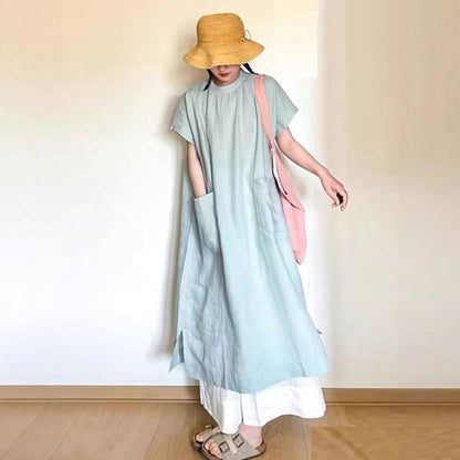 Two Tone Crewneck Short Sleeve Maxi Dress - Altfashion Shop