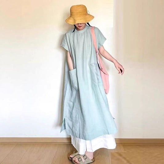 Two Tone Crewneck Short Sleeve Maxi Dress - Altfashion Shop